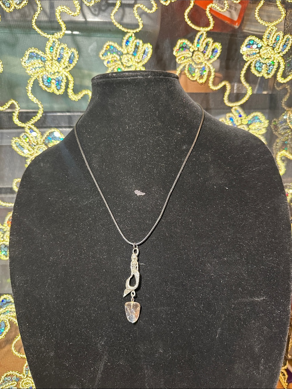 Silver-Pewter Mermaid Pendant Necklace - Clear Crystal Accent